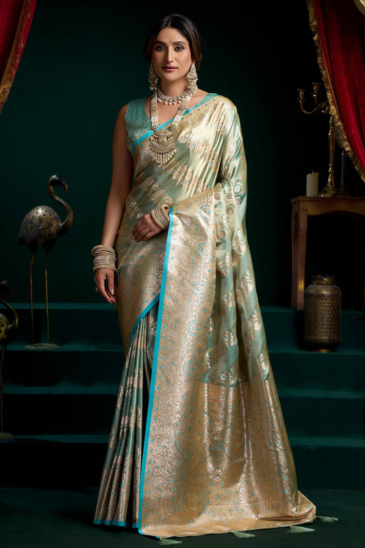 Tiffany Blue Banarasi Handloom Satin Soft Silk Sare