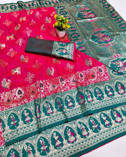 Rani Pink Banarasi Silk Saree with Royal Human Figure Border & Meenakari Peacock Motifs