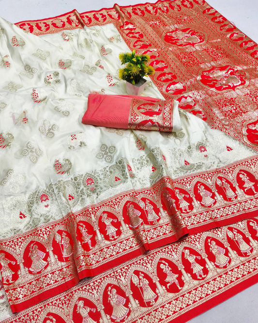 Off White Banarasi Silk Saree with Royal Human Figure Border & Meenakari Peacock Motifs