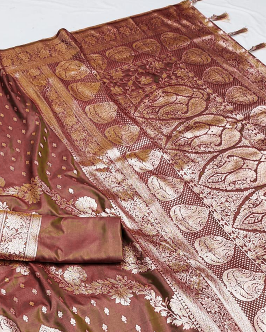 Dual Tone Mocha Brown Banarasi Silk Saree with Paisley Jaal & Grand Banarasi Pallu