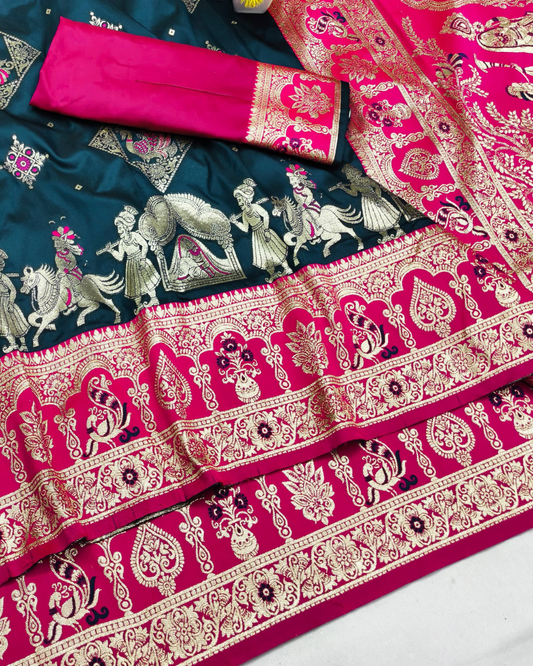 Teal Blue Banarasi Silk Saree with Royal Procession Border