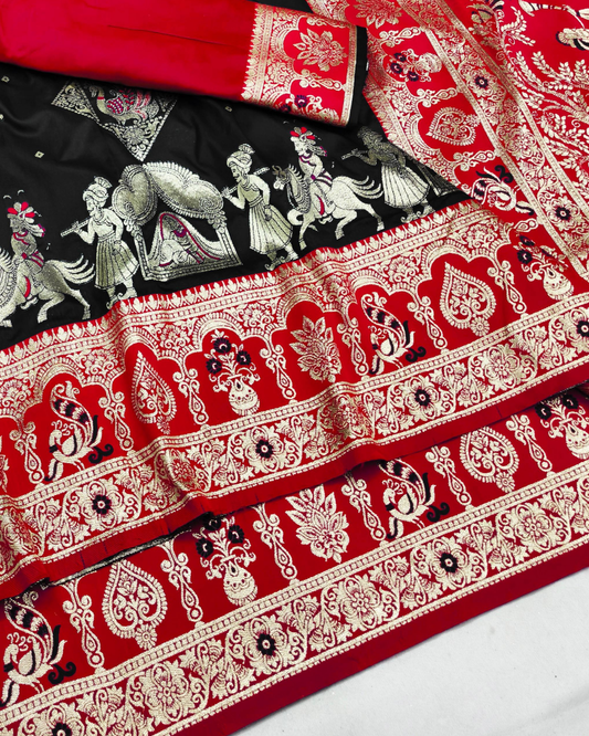 Black Banarasi Silk Saree with Royal Procession Border