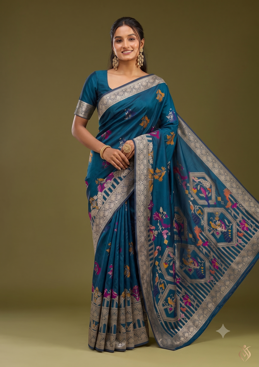 Teal Blue Banarasi Silk Saree with Multicolor Bird Zari Weaving