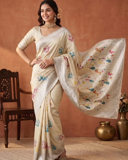 Cream Banarasi Silk Saree with Multicolor Bird Zari Weaving