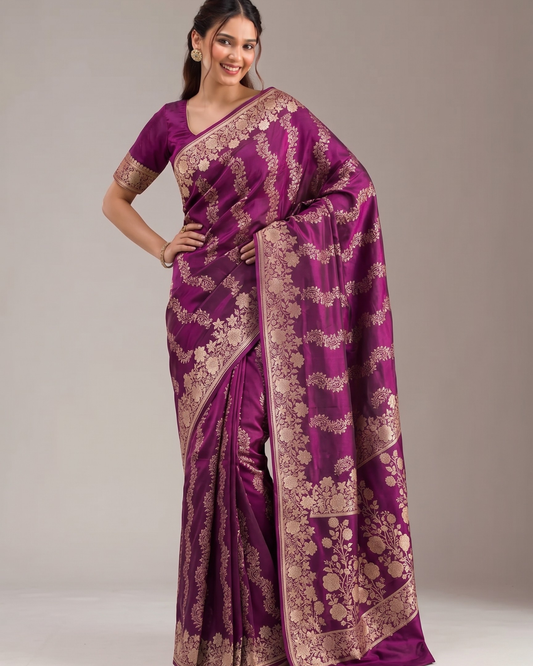 Laheriya Jaal Satin Silk Banarasi Saree Wine Shades