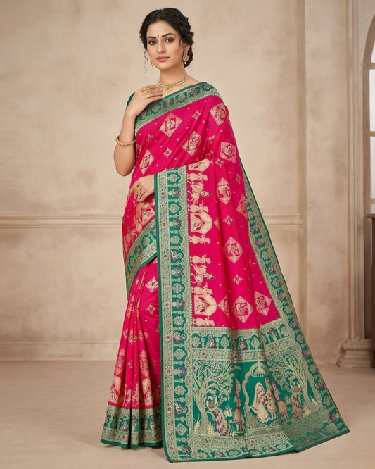 Rani Pink Banarasi Silk Saree with Meenakari Border & Heavy Pallu