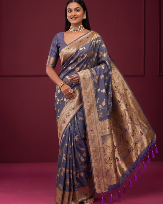 Steel Blue Silk Saree with Floral Zari Weaving (Dual Tone)