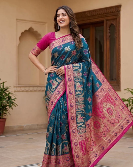 Teal Blue Banarasi Silk Saree with Contrast Pink Border & Designer Pallu