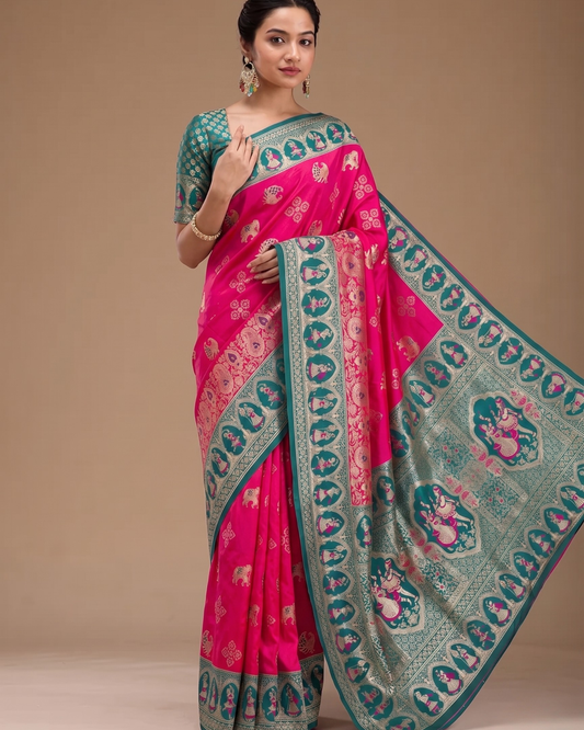 Rani Pink Banarasi Silk Saree with Royal Human Figure Border & Meenakari Peacock Motifs