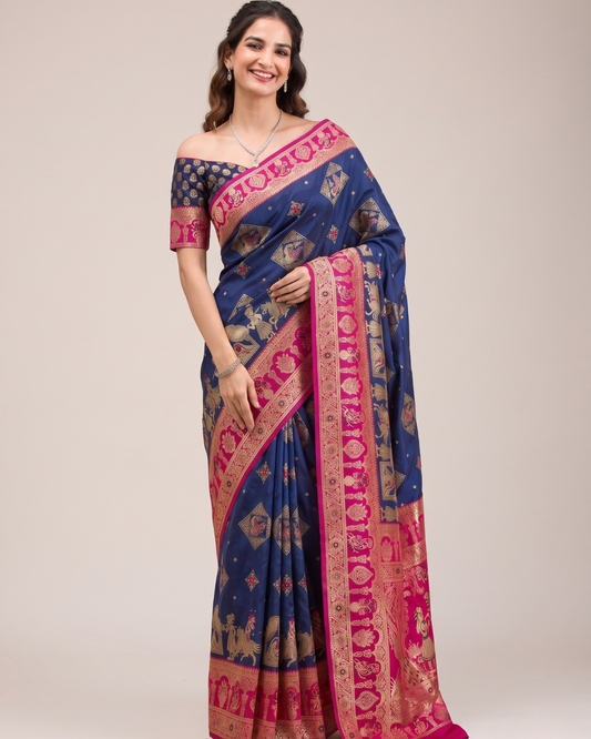 Royal Blue Banarasi Silk Saree with Meenakari Border & Heavy Pallu