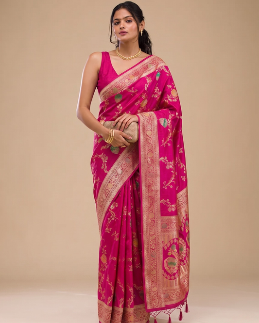 Rani Pink Banarasi Silk Saree with Floral Zari Weaving