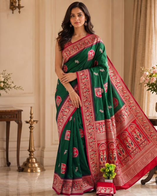 Dark Green Banarasi Silk Saree with Contrast Red Border & Designer Pallu