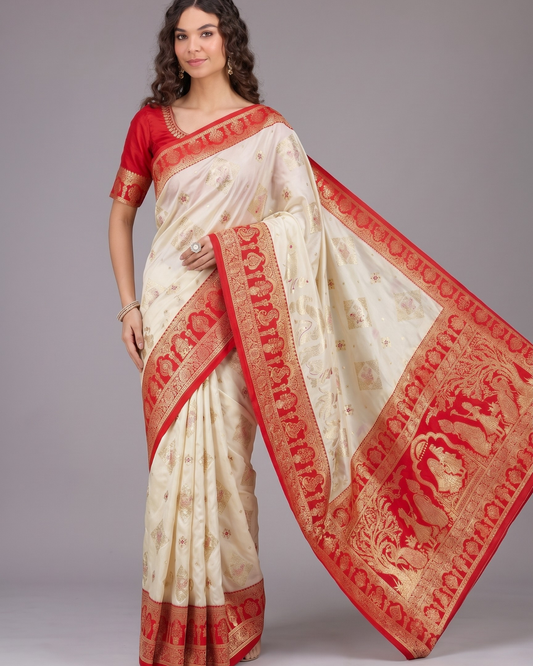 Cream Banarasi Silk Saree with Meenakari Border & Heavy Pallu