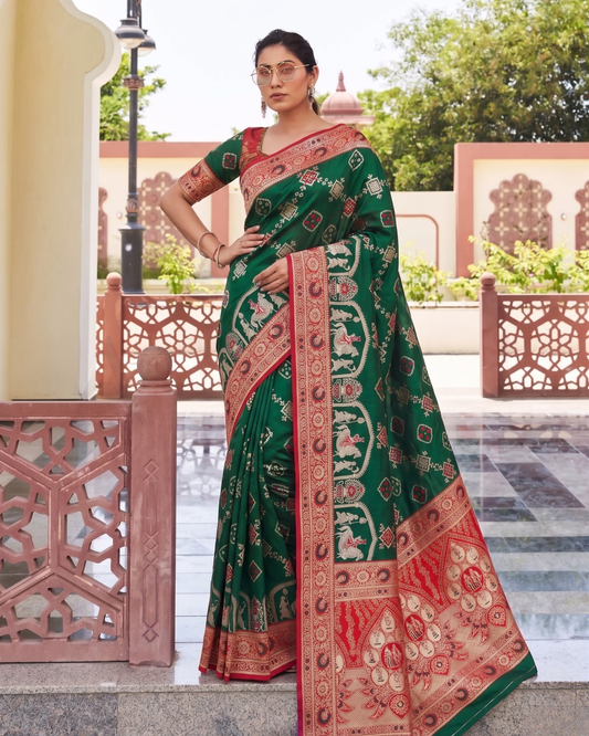 Bottle Green Banarasi Silk Saree with Contrast Red Border & Designer Pallu