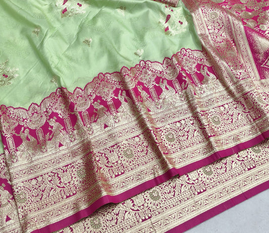 Mint Green Banarasi Silk Saree with Rich Magenta Zari Pallu