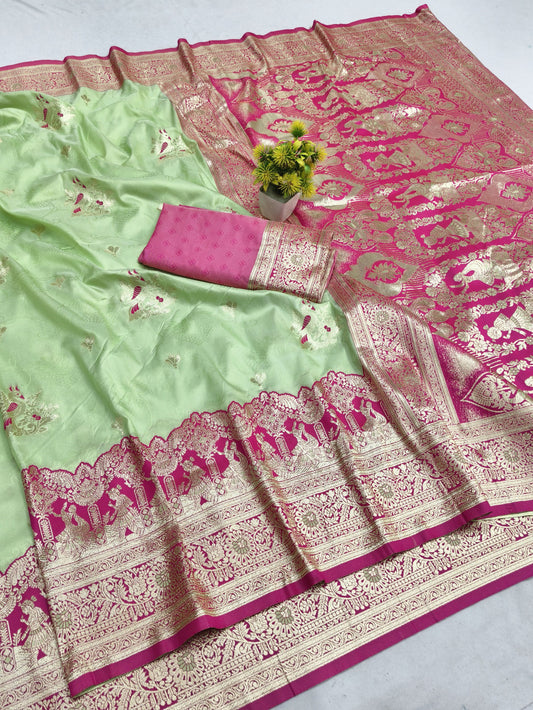 Mint Green Banarasi Silk Saree with Rich Magenta Zari Pallu