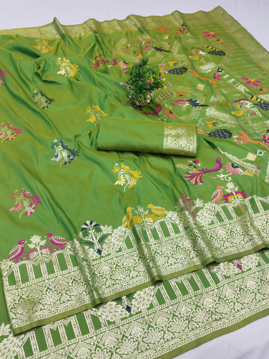Mehendi Green Banarasi Silk Saree with Multicolor Bird Zari Weaving