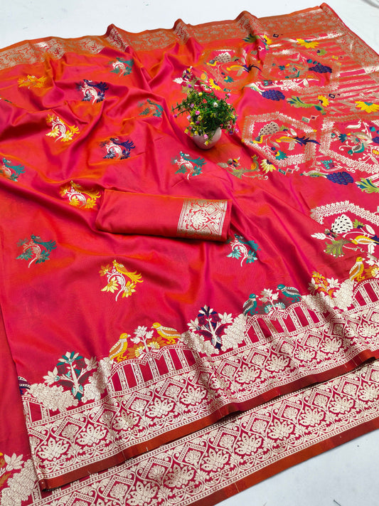 Dual Tone Reddish Orange Banarasi Silk Saree with Multicolor Bird Zari Weaving