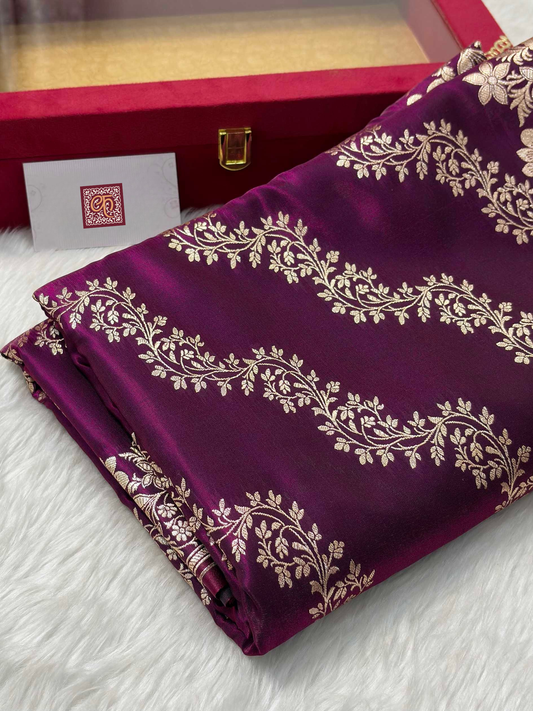 Laheriya Jaal Satin Silk Banarasi Saree Wine Shades