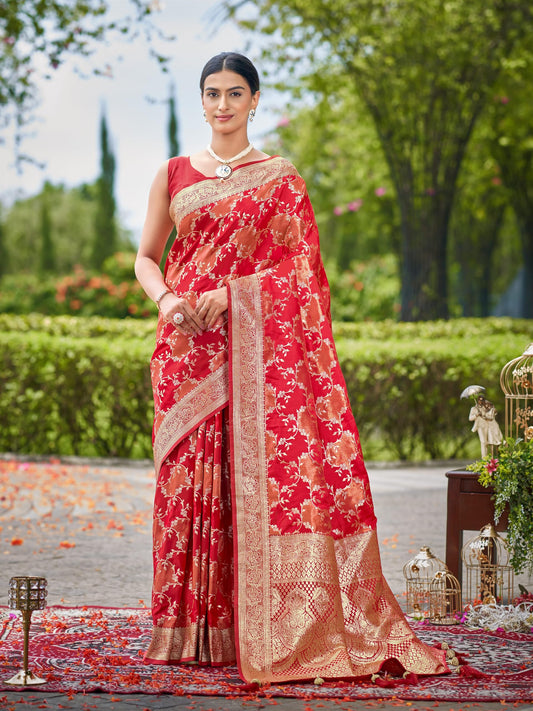 Vibrant Red Banarasi Silk Saree with Designer Floral Jaal Pattern